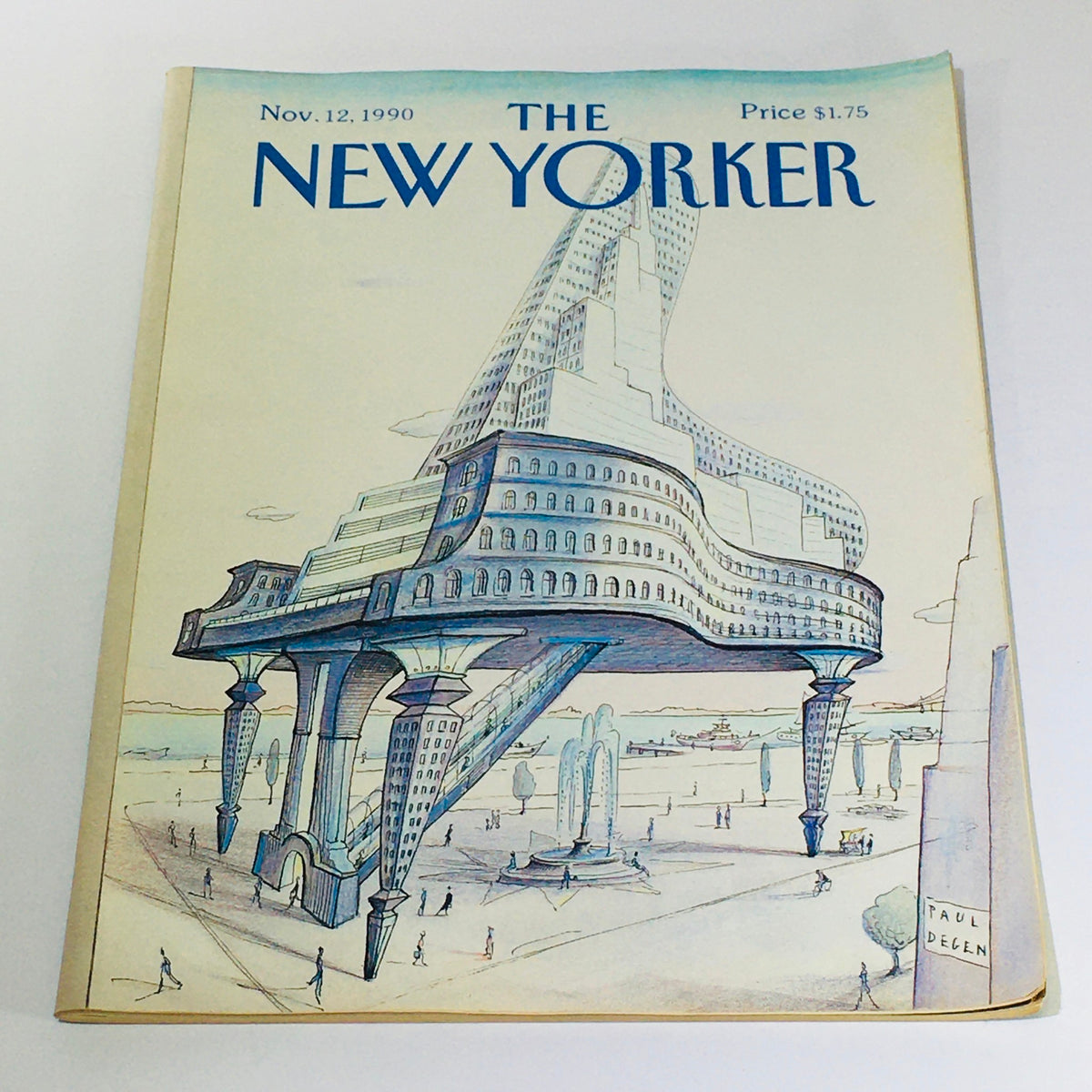 The New Yorker: November 12, 1990 magazine cover featuring a whimsical architectural illustration by Paul Degen, showcasing a surreal building design with people and fountains in the foreground.