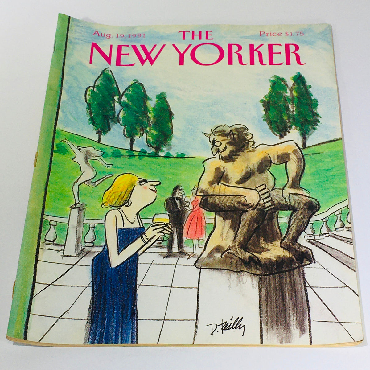 The New Yorker Magazine August 19, 1991 cover featuring an illustration titled 'An Exhibit Party' by Donald Reilly, depicting a social scene at an art exhibit with a woman in a blue dress and various sculptures.