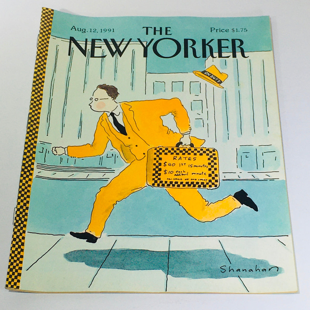 Cover of The New Yorker magazine dated August 12, 1991, featuring a cartoon illustration by Danny Shanahan. The artwork depicts a man in a bright yellow suit running, holding a checkered briefcase with 'RATES' prominently displayed, set against a blue background with a cityscape theme.