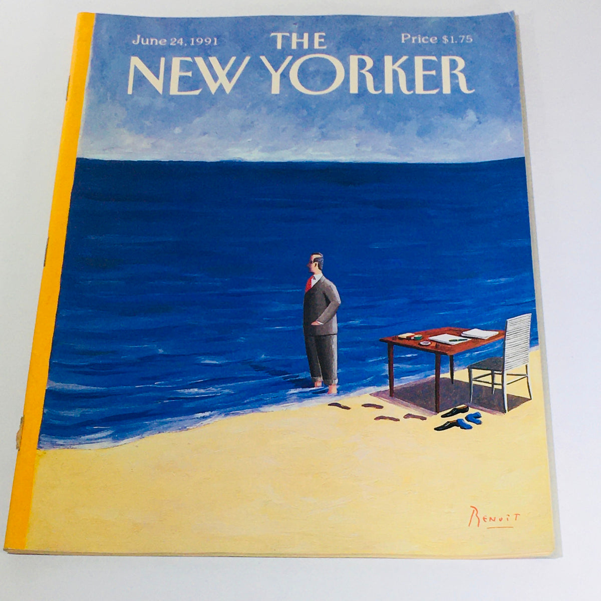 Cover of The New Yorker Magazine from June 24, 1991, featuring an illustration of a man in a suit standing by the ocean with a desk in the foreground, artwork by Benoit Van Innis.