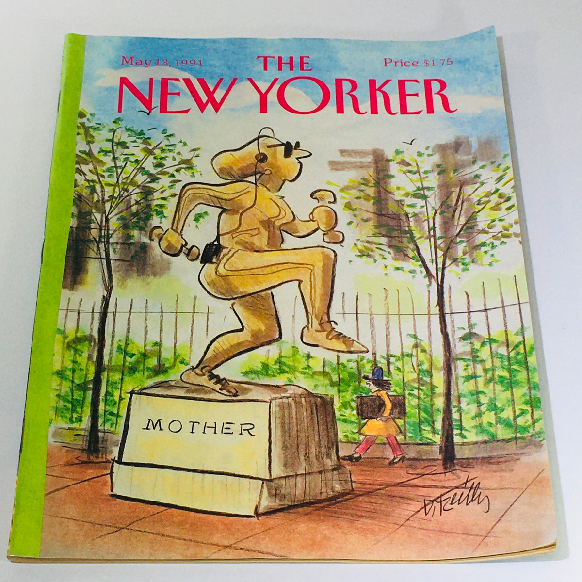 Cover of The New Yorker May 13, 1991 featuring whimsical art titled 'The Statue Mother' by Donald Reilly, depicting a gold-colored statue of a mother jogging with weights in a park setting.