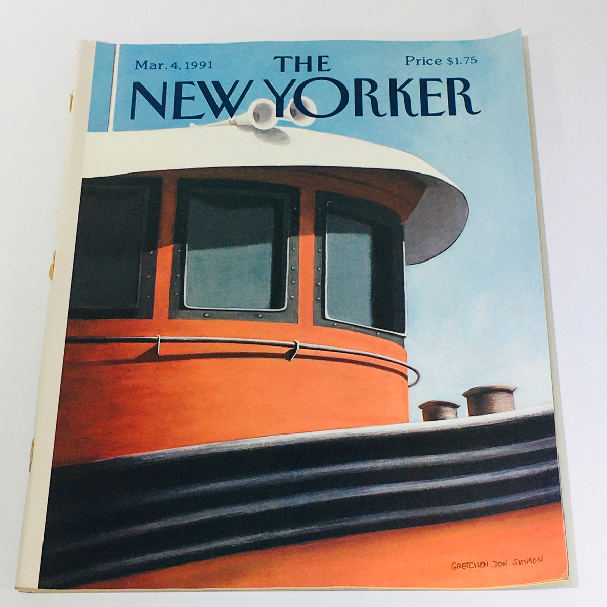 Cover of The New Yorker Magazine from March 4, 1991, featuring the artwork 'Ship Boat' by Gretchen Dow Simpson, showcasing a close-up view of a boat's cabin and details in vibrant colors.