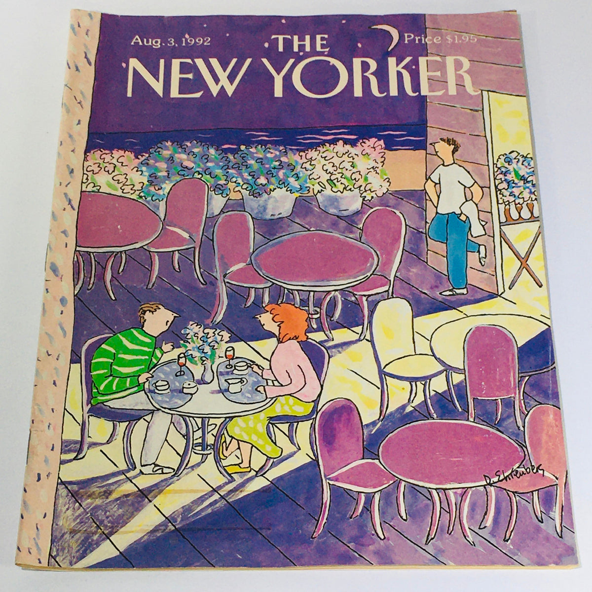 The New Yorker August 3 1992 Full Magazine Theme Cover by Devera Ehrenberg, featuring a whimsical illustration of a couple dining outdoors at a café with colorful flowers and furniture, showcasing the artistic style typical of the publication.