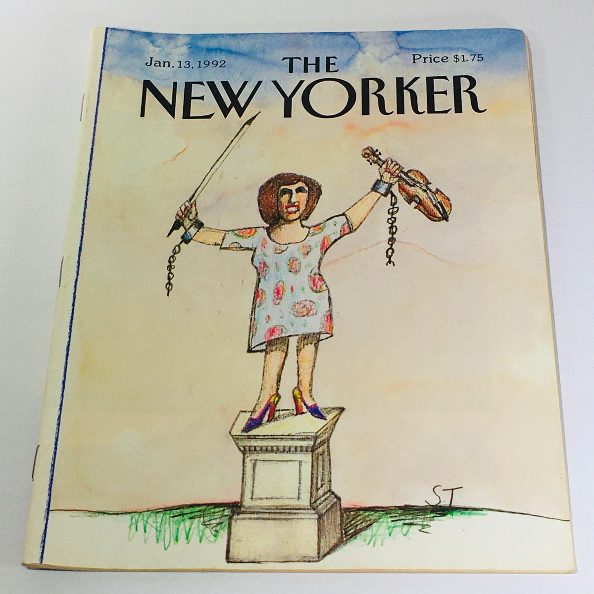 Cover of The New Yorker: January 13 1992 featuring an artistic illustration by Saul Steinberg, depicting a whimsical character with a violin and chains, standing atop a pedestal.