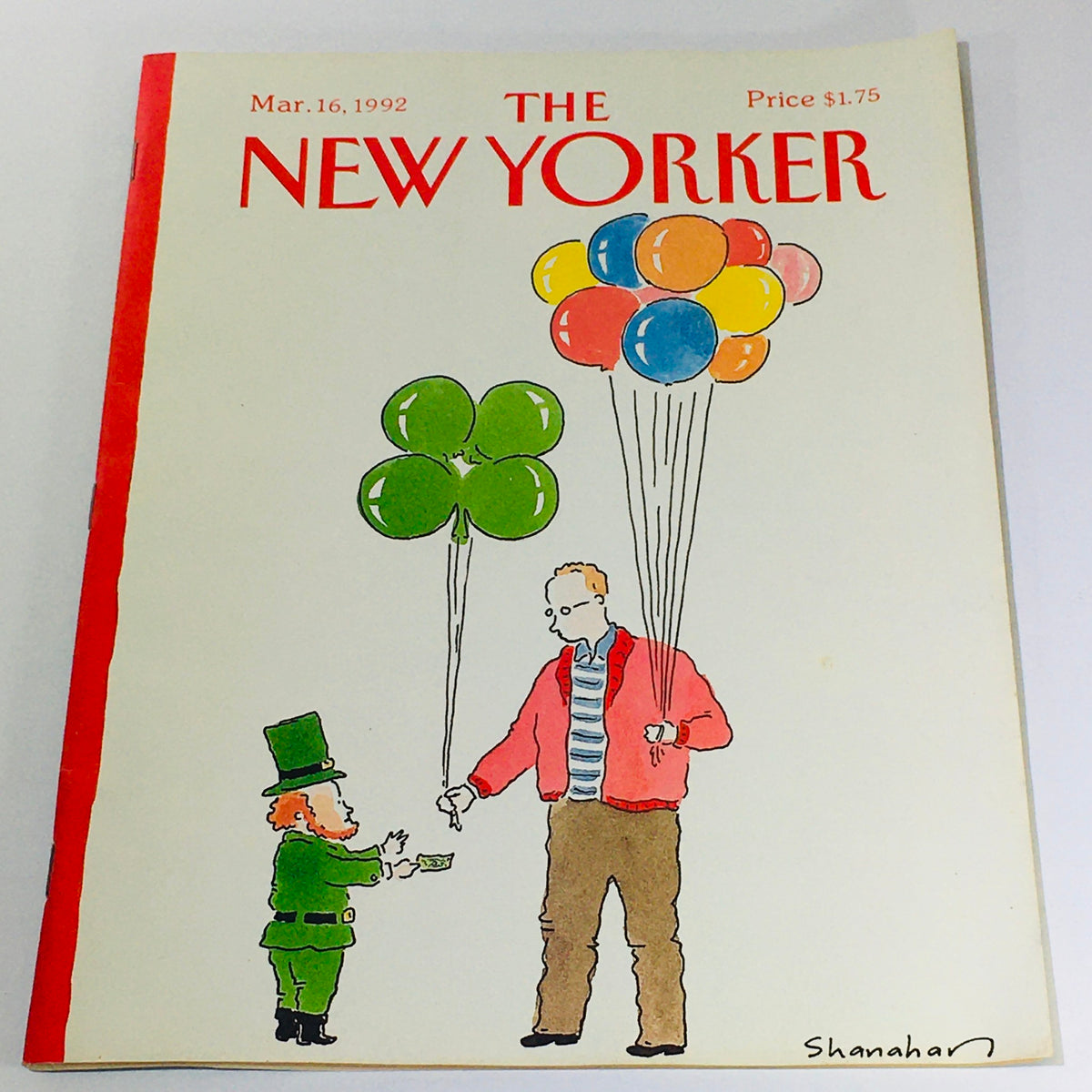 The New Yorker: March 16, 1992 cover featuring a whimsical illustration by Danny Shanahan, depicting a leprechaun offering money to a man holding colorful balloons.