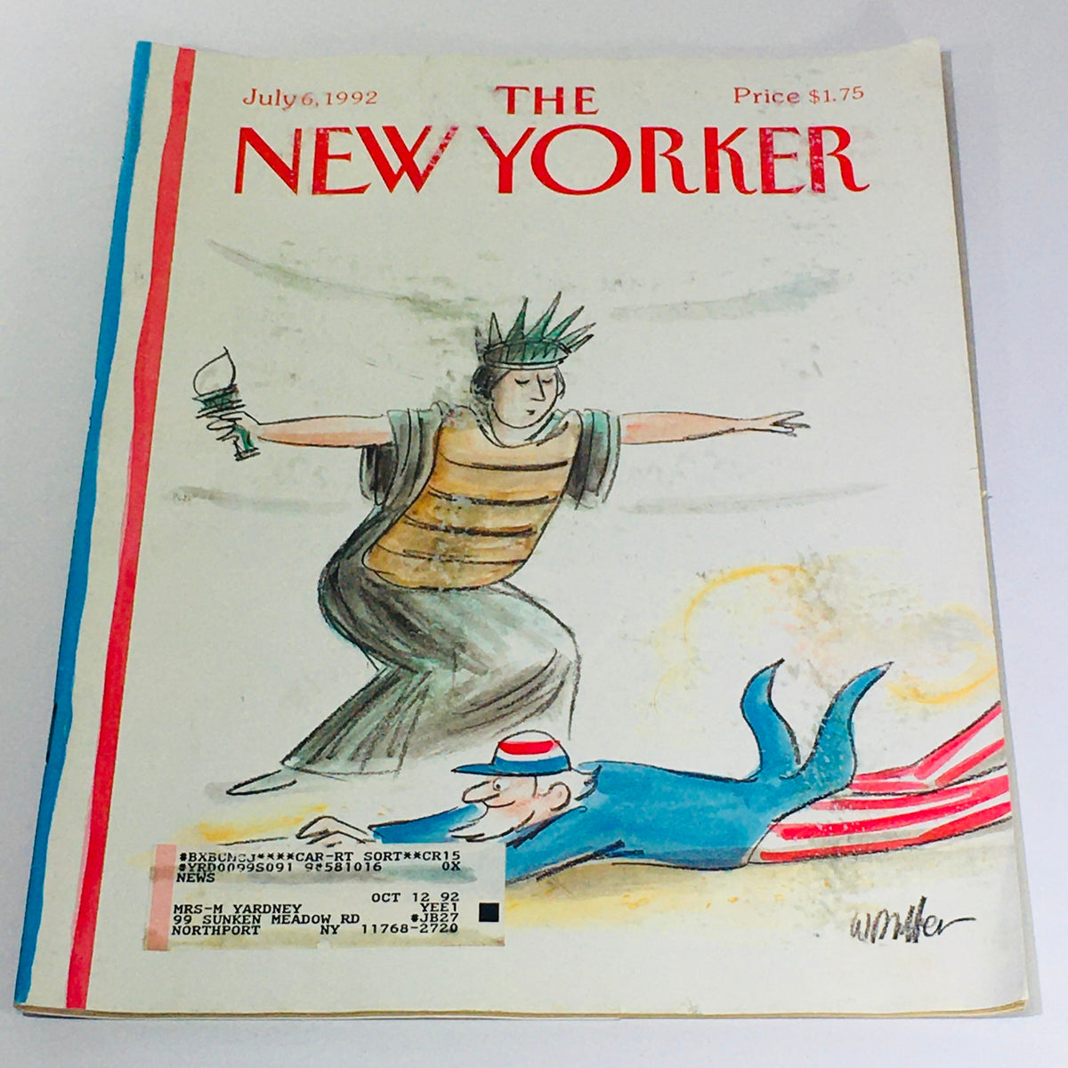 Cover of The New Yorker magazine dated July 6, 1992 featuring a whimsical illustration by Warren Miller depicting the Statue of Liberty and a man in a striped outfit, emphasizing the vintage theme of the publication.