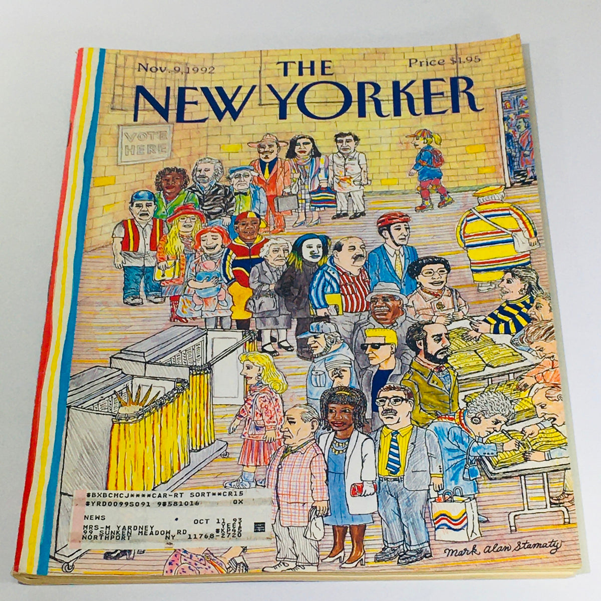 The New Yorker November 9 1992 magazine cover illustrated by Mark Alan Stamaty, featuring a vibrant depiction of people voting, showcasing the cultural and social landscape of the early 90s.