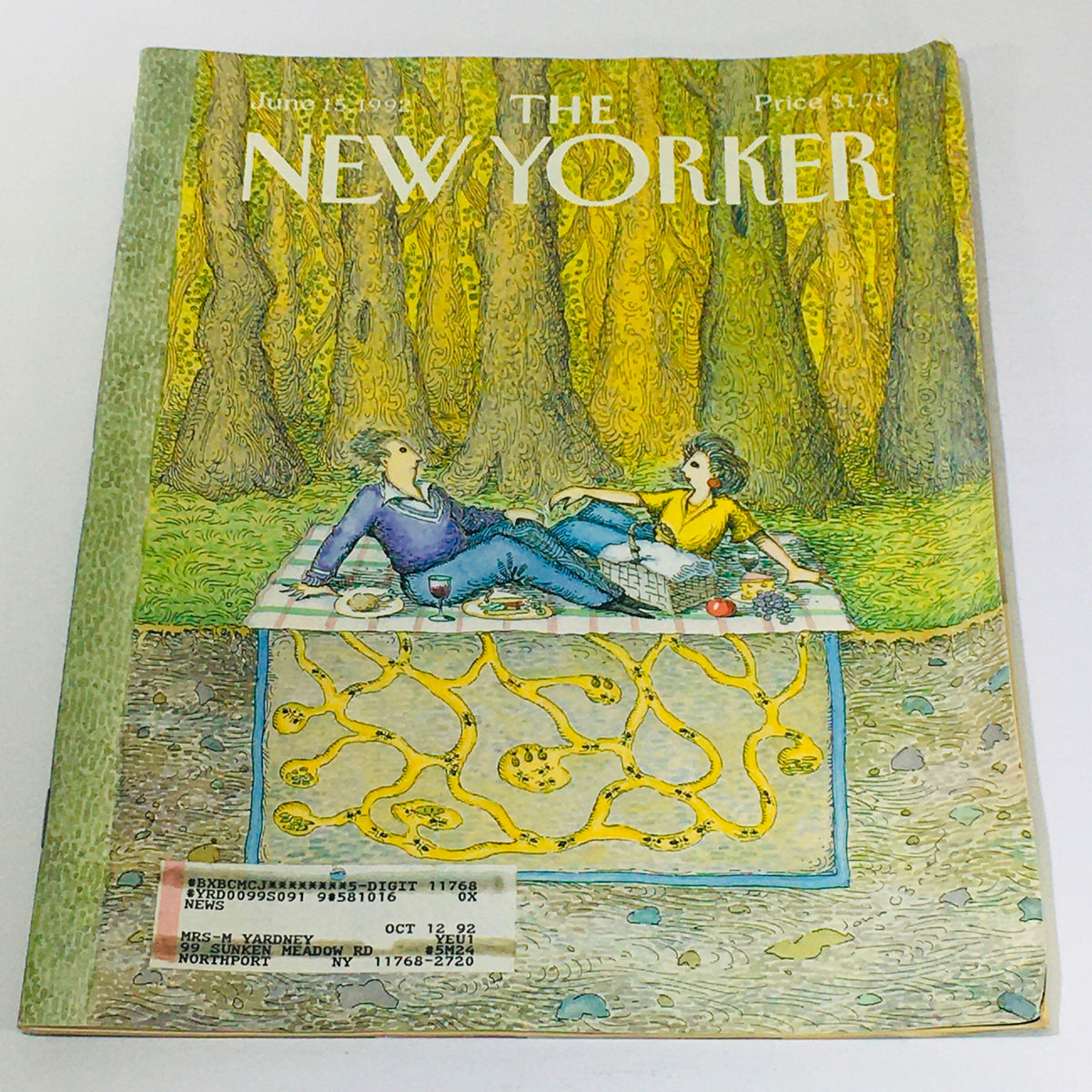 The New Yorker June 15 1992 Full Magazine Cover by John O'Brien depicting a serene outdoor picnic scene with two individuals enjoying food and drinks in a lush forest setting.