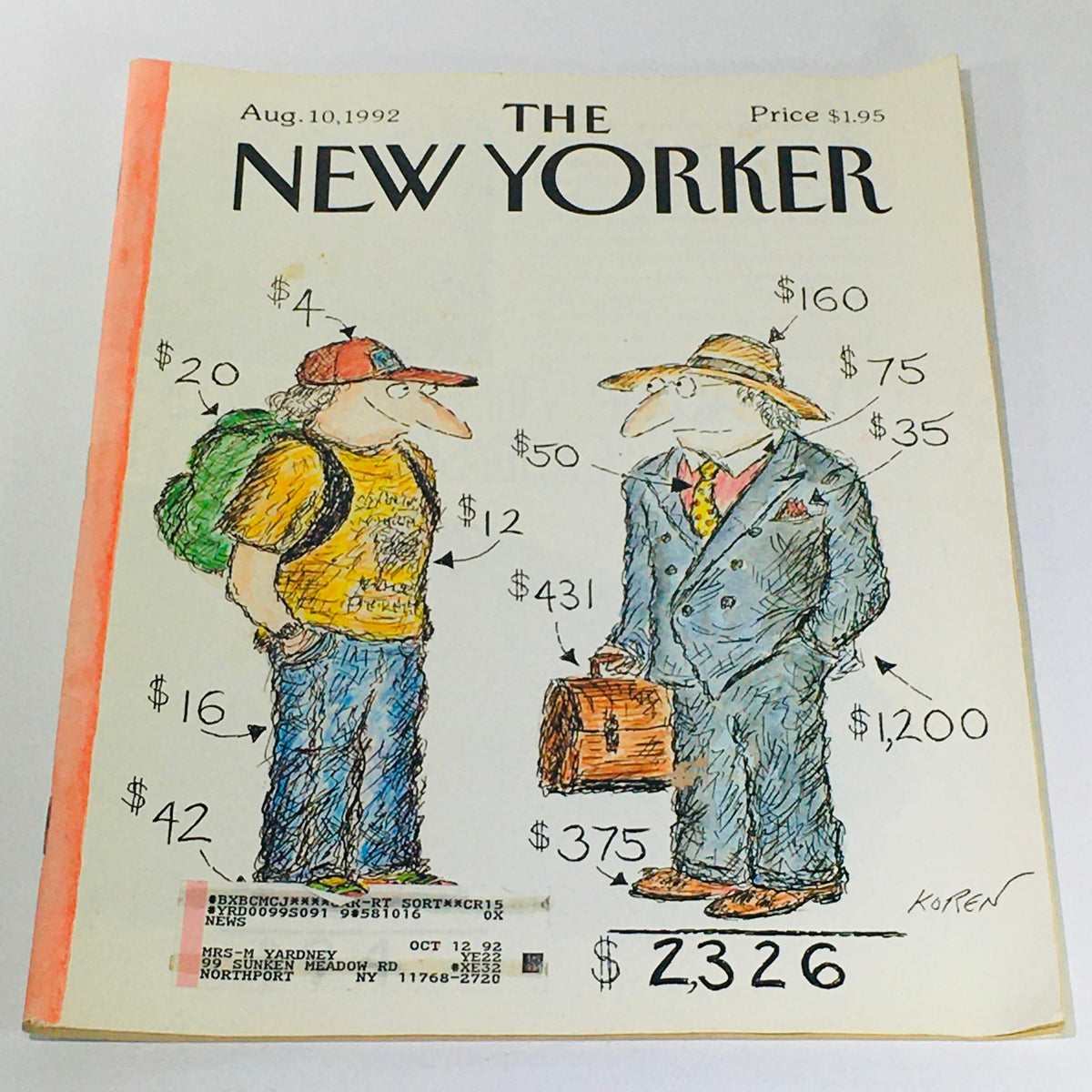 Cover of The New Yorker magazine from August 10, 1992, showcasing a humorous illustration by Ed Koren, depicting two characters with price tags and labels. This collectible magazine is gently used and features Ed Koren's distinctive artwork.