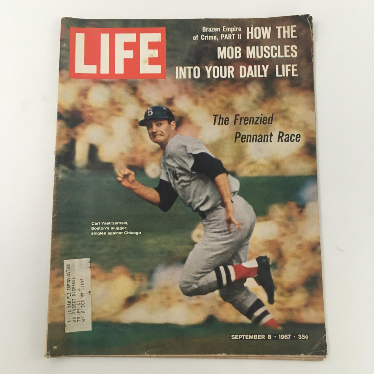 Vintage magazine cover featuring Carl Yastrzemski on the front, from September 8, 1967, with the title 'VTG Life Magazine September 8, 1967 Carl Yastrzemski'. The cover highlights the 'Frenzied Pennant Race' and includes historical references, emphasizing Yastrzemski's participation in the Boston Red Sox.