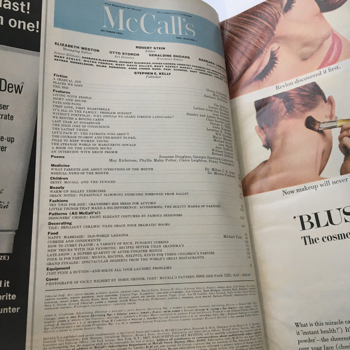 Inside page of VTG McCall's Magazine October 1965 displaying the table of contents, showcasing various articles and features related to lifestyle and fashion.