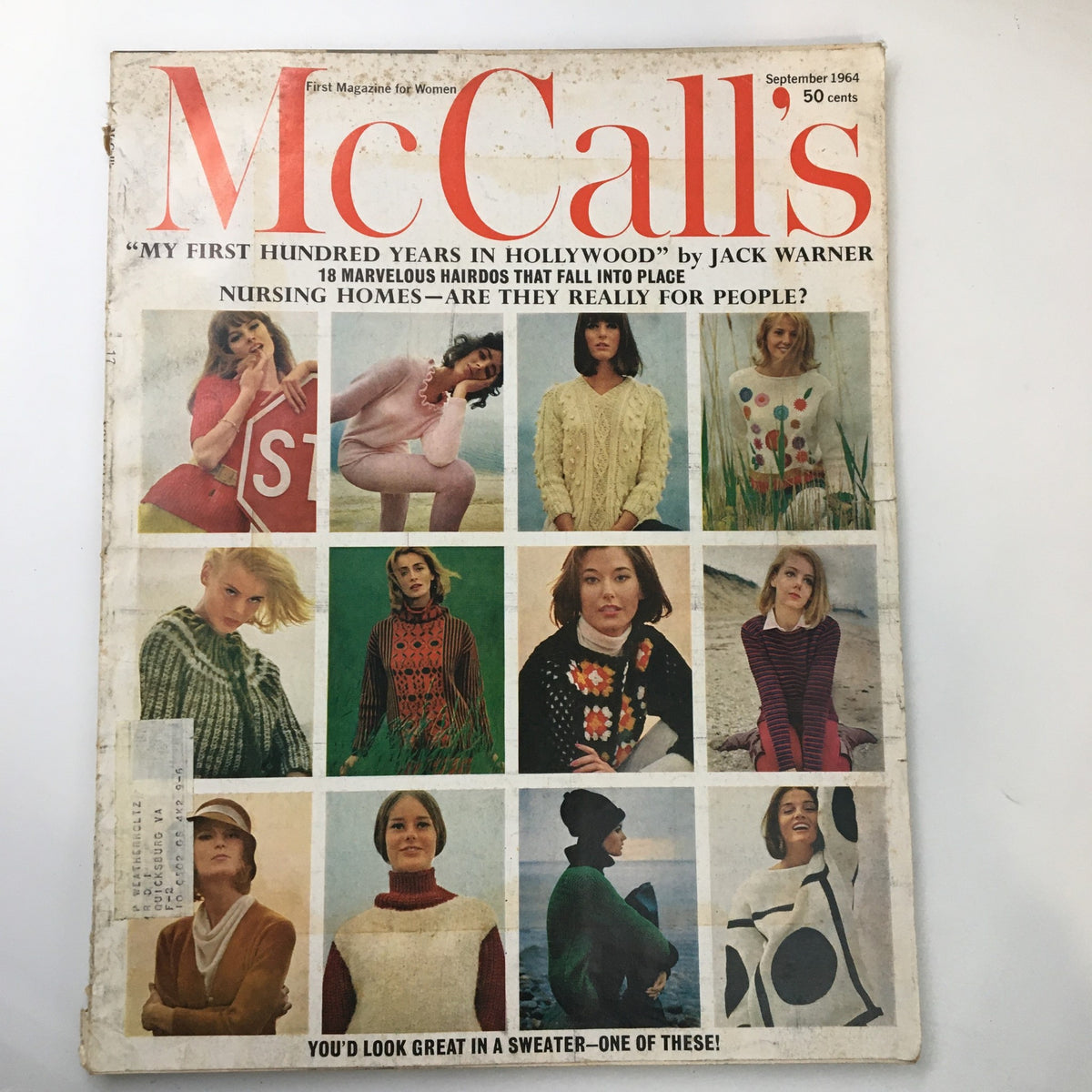 Cover of Vintage McCall's Magazine September 1964 featuring articles about Jack Warner's contributions to Hollywood's history and styled fashion photography.