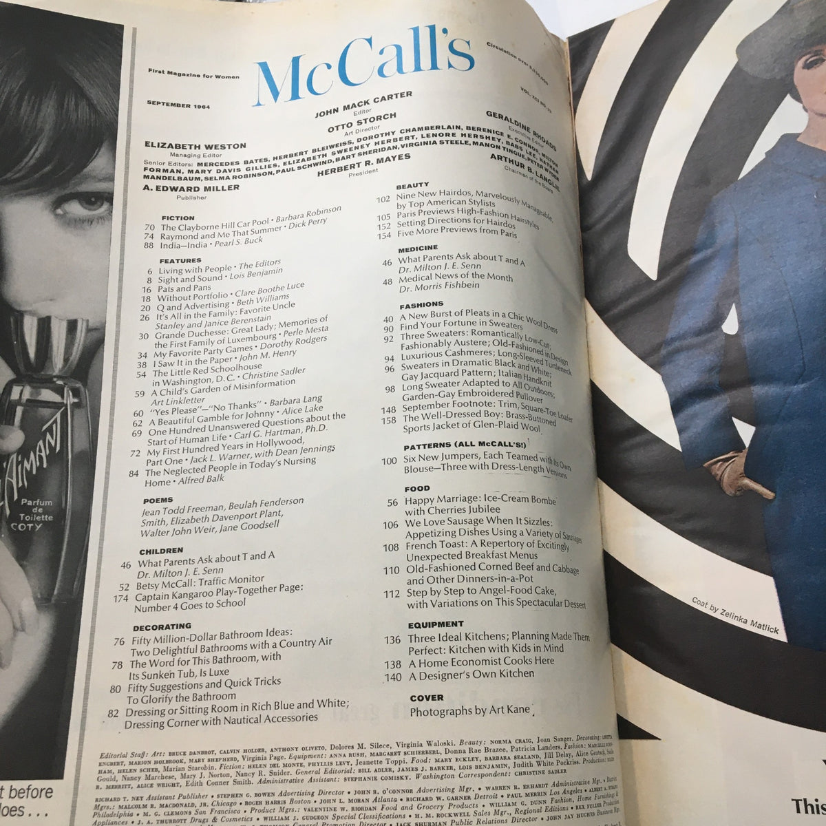 Inside page of VTG McCall's Magazine September 1964 showcasing the table of contents, featuring articles on beauty, fashion, children's topics, and home decor, highlighting its vintage appeal and historic content.