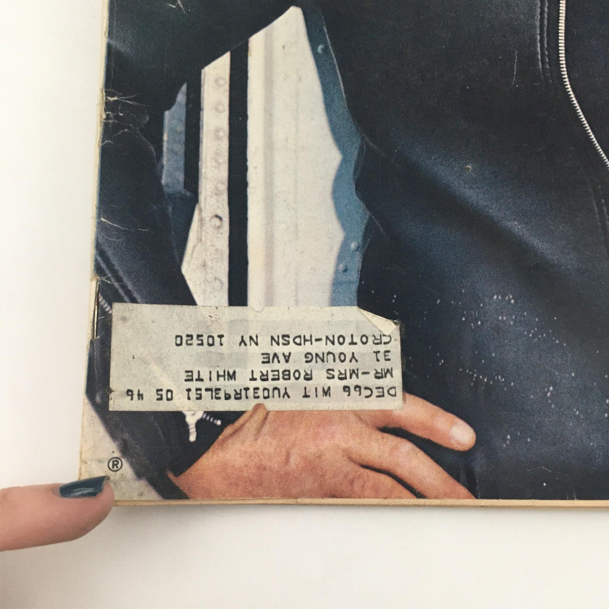 Close-up of the VTG Life Magazine January 7, 1966 featuring Sean Connery as Agent 007, highlighting the magazine's address label and details of the cover, including the worn edges that add vintage character.