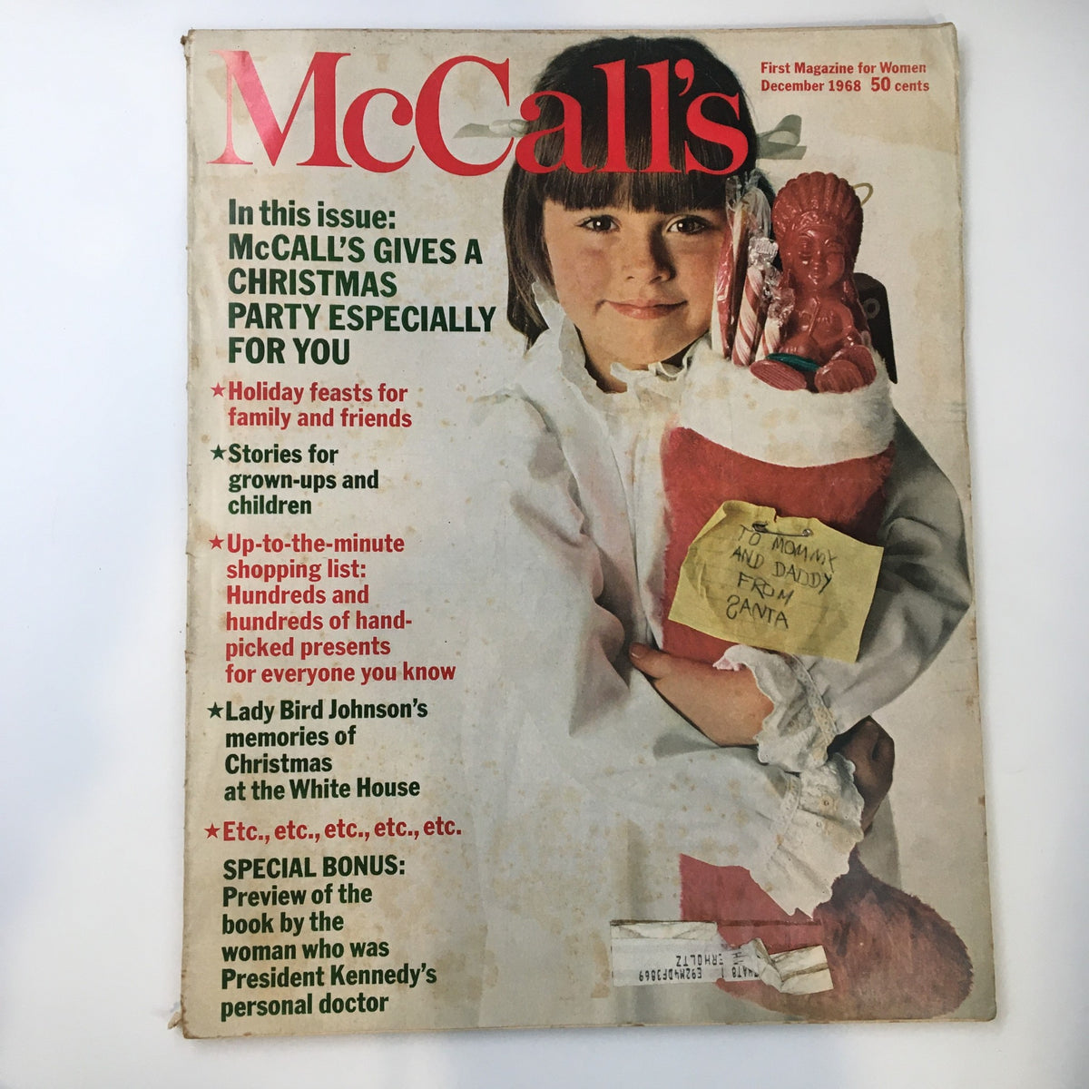 Cover of VTG McCall's Magazine December 1968 featuring Lady Bird Johnson and Christmas at the White House, showcasing holiday themes and festive activities.