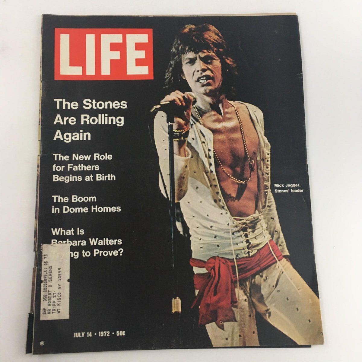 Cover of Vintage Life Magazine from July 14, 1972 featuring Mick Jagger, titled 'The Stones Are Rolling Again', showcasing iconic music and cultural themes.