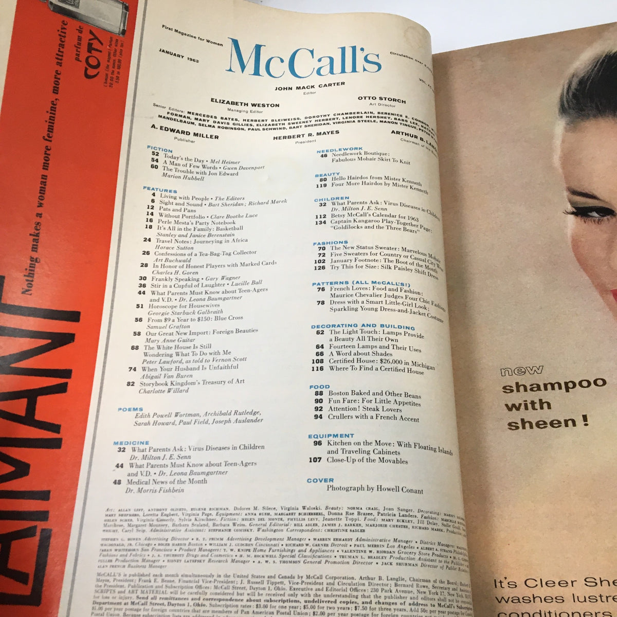 Interior page of VTG McCall's Magazine January 1963 displaying the table of contents. Highlights include fashion, fiction, and features relevant to the lifestyle of the 1960s, making it a valuable piece for collectors.
