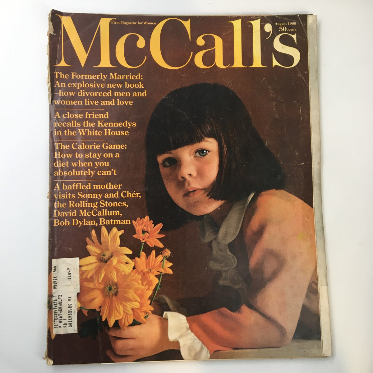 Cover of VTG McCall's Magazine August 1966 featuring the headline 'A Baffled Mother Visits Sonny and Cher' with an illustration of a girl holding flowers. The cover includes articles related to the 1960s family life and culture.