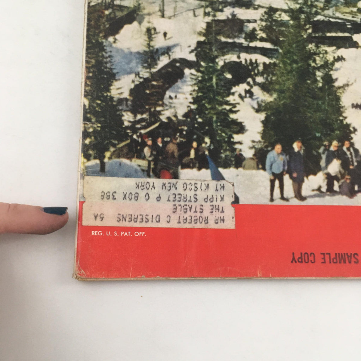 Close-up of the back cover of Vintage Life Magazine February 29, 1960 with an address label, related to the Winter Olympic ski jumper Tamas Sudar.