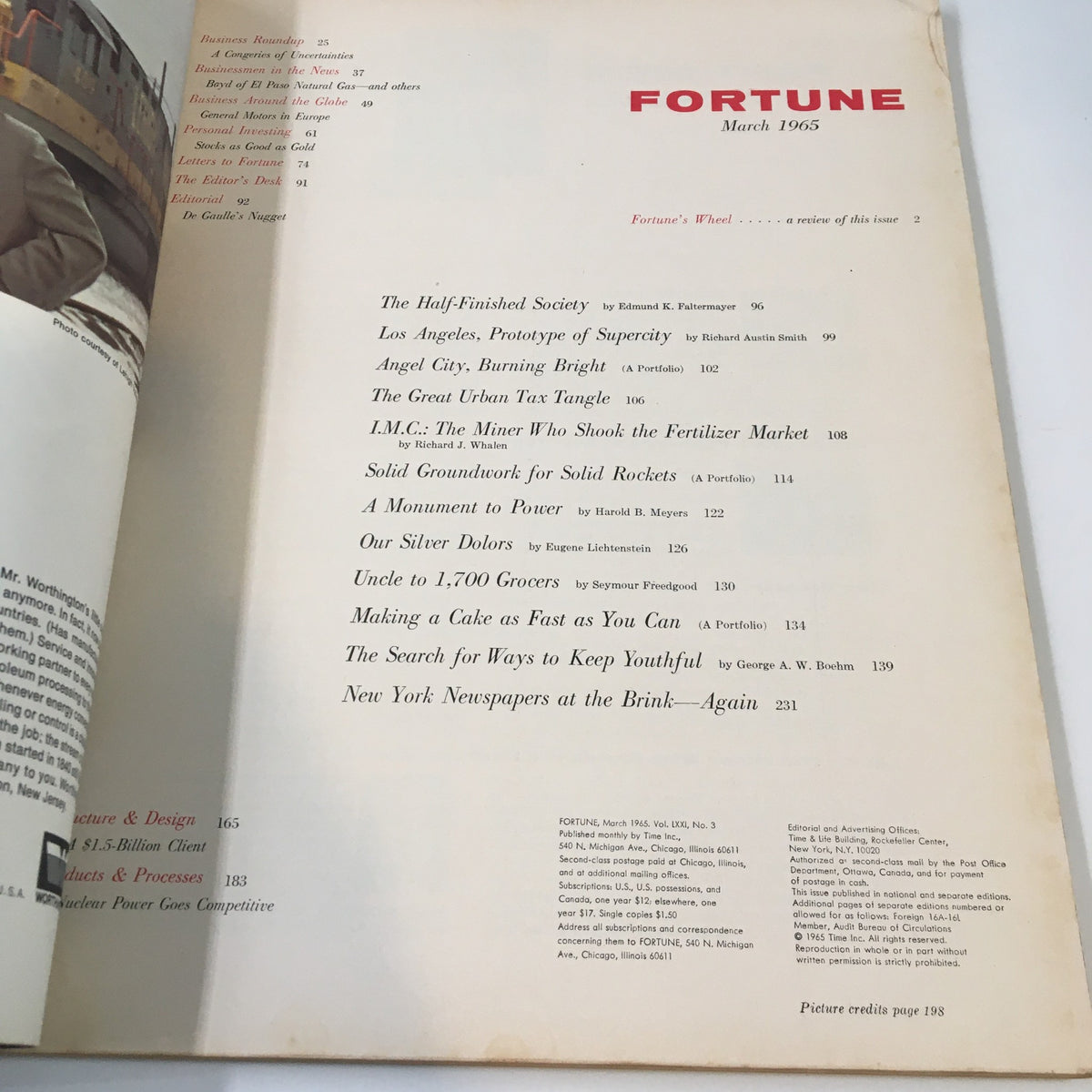 Inside page of VTG Fortune Magazine March 1965 displaying the table of contents highlighting articles including 'Los Angeles, Prototype of Supercity'.