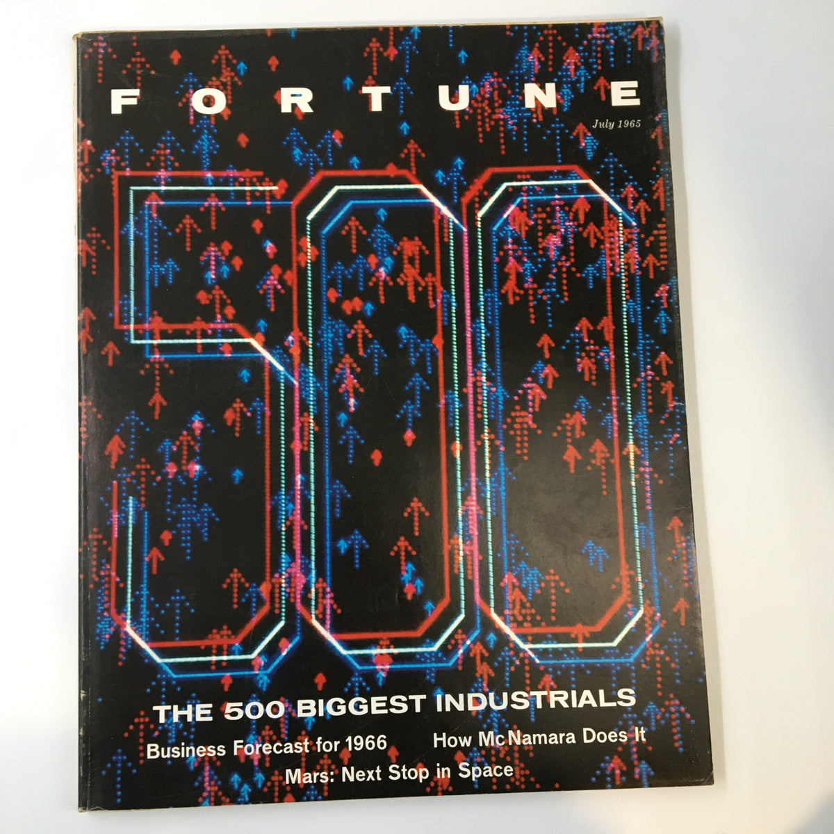 Cover of VTG Fortune Magazine July 1965 showcasing 'The 500 Biggest Industrials', featuring vibrant design with upward arrows and bold title.
