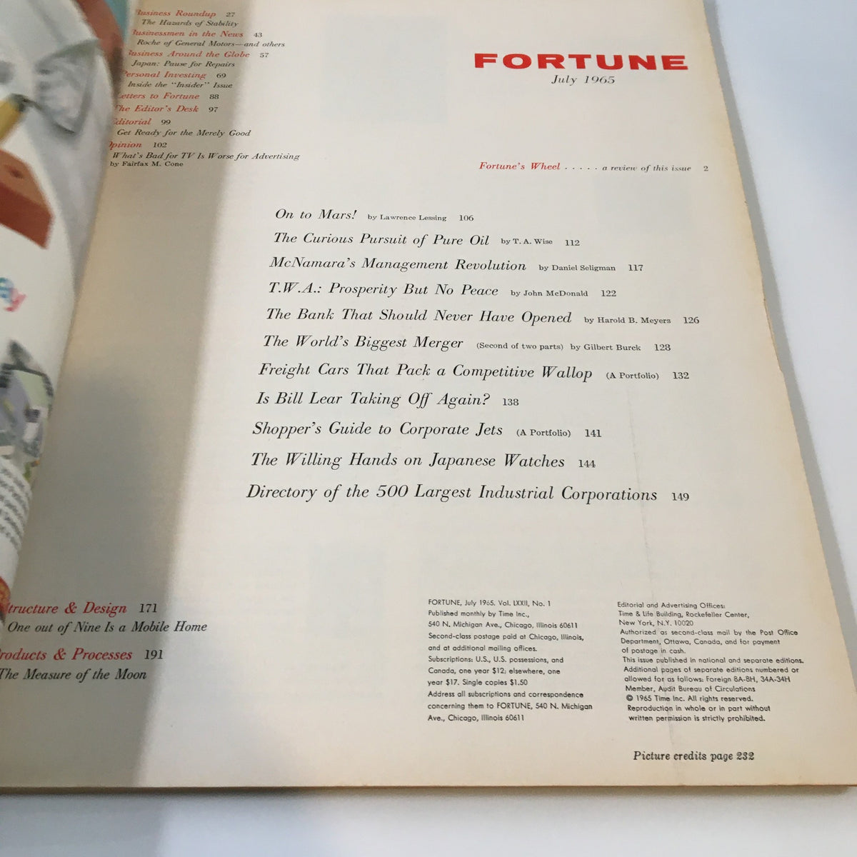 Inside page of VTG Fortune Magazine July 1965, displaying the table of contents with article titles and page numbers, highlighting major themes in American industry.