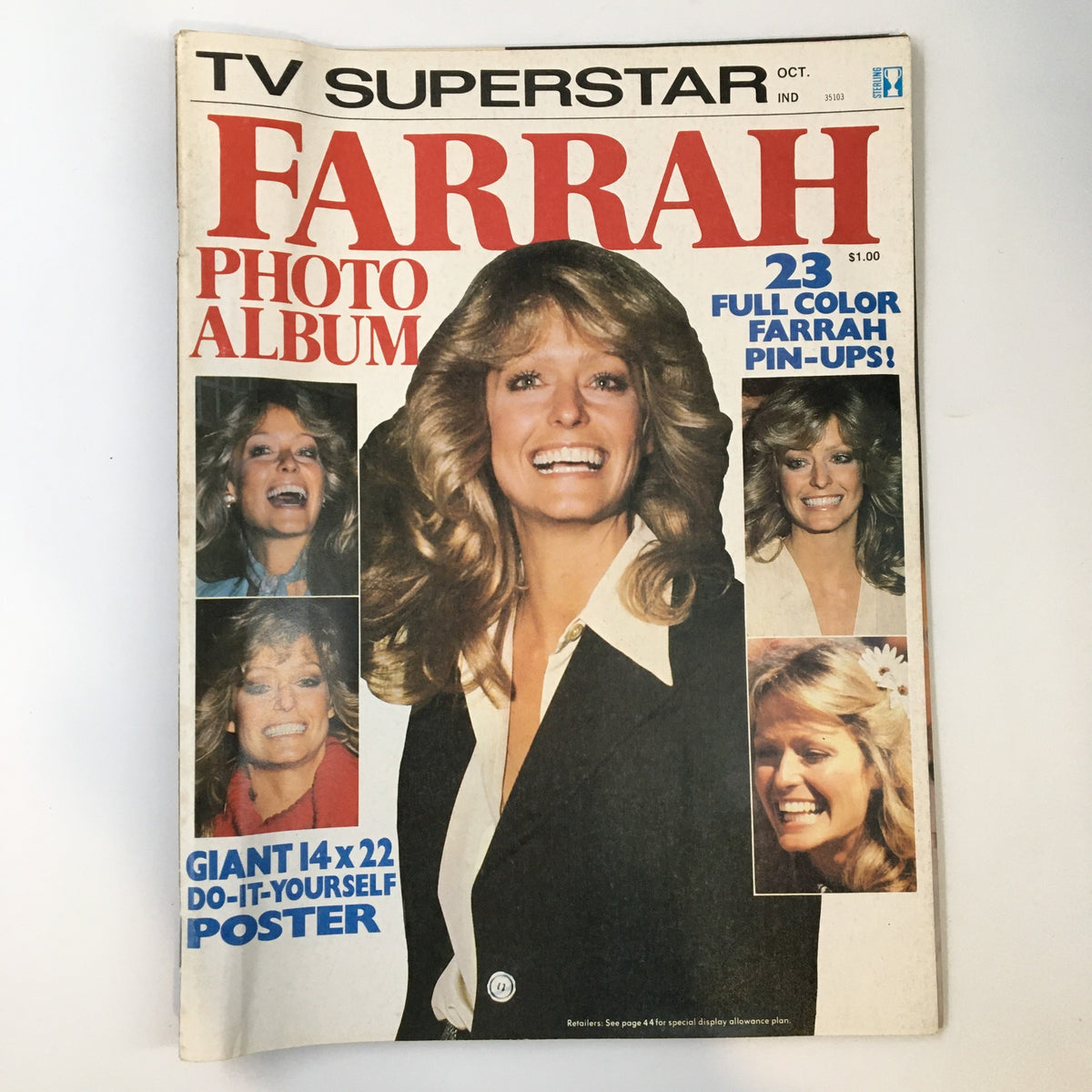 Cover of VTG TV Superstar Magazine October 1977 featuring Farrah Fawcett in a photo album, showcasing her bright smile with multiple pin-up images.