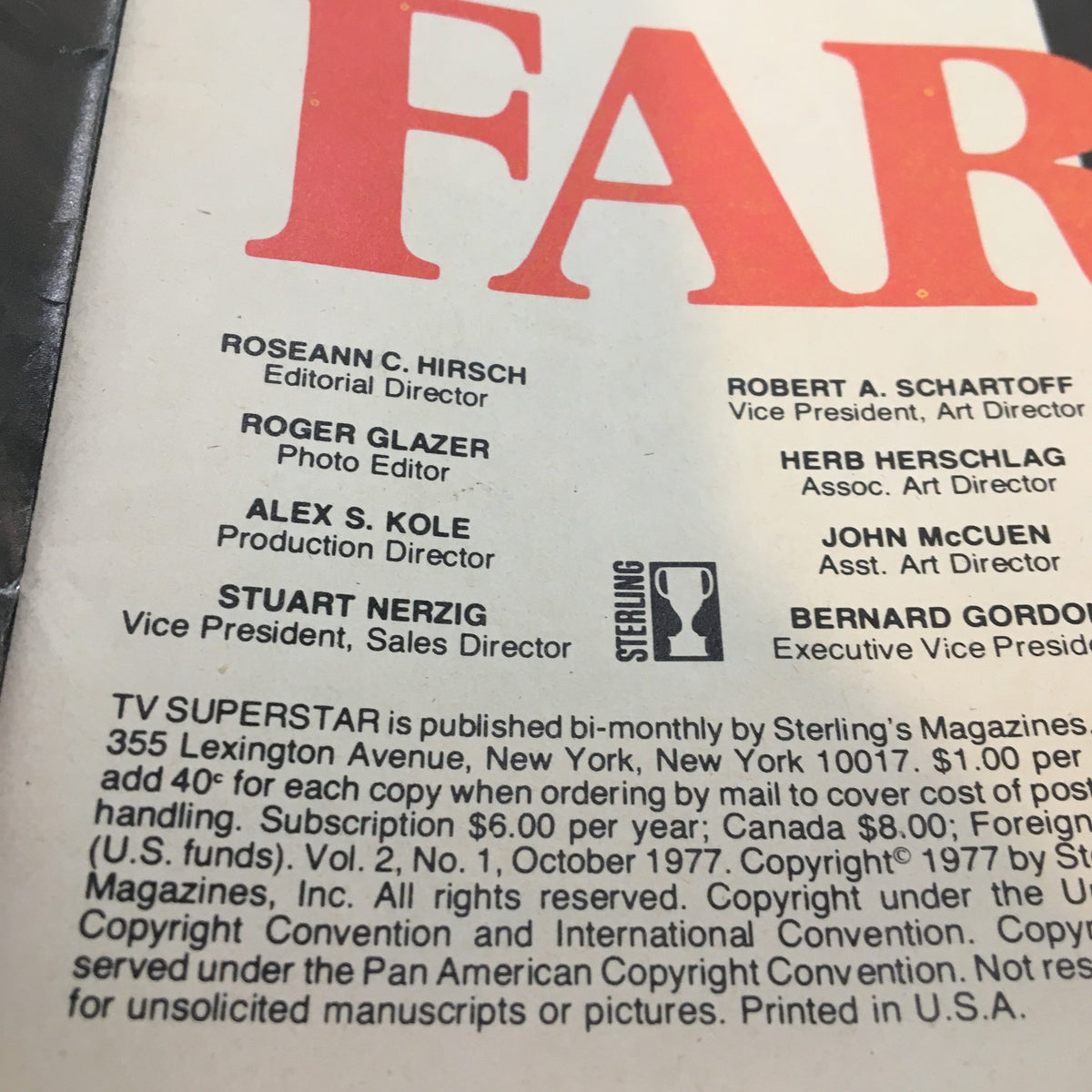 Credits page of the VTG TV Superstar Magazine October 1977, listing editorial staff and publication details, providing context for the magazine's production history.