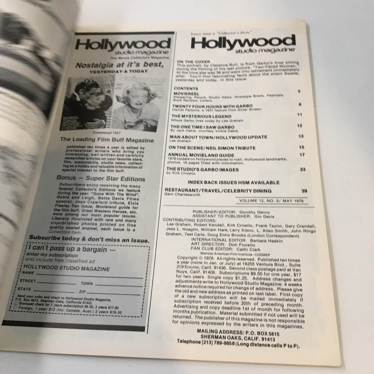 Inside page of VTG Hollywood Studio Magazine May 1978 displaying the contents, including featured articles and publisher details related to The Great Garbo.