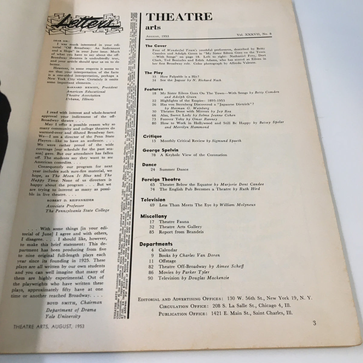 Interior page of Vintage Theatre Arts Magazine August 1953 showcasing contents and features including 'My Sister Eileen Goes On The Town'.