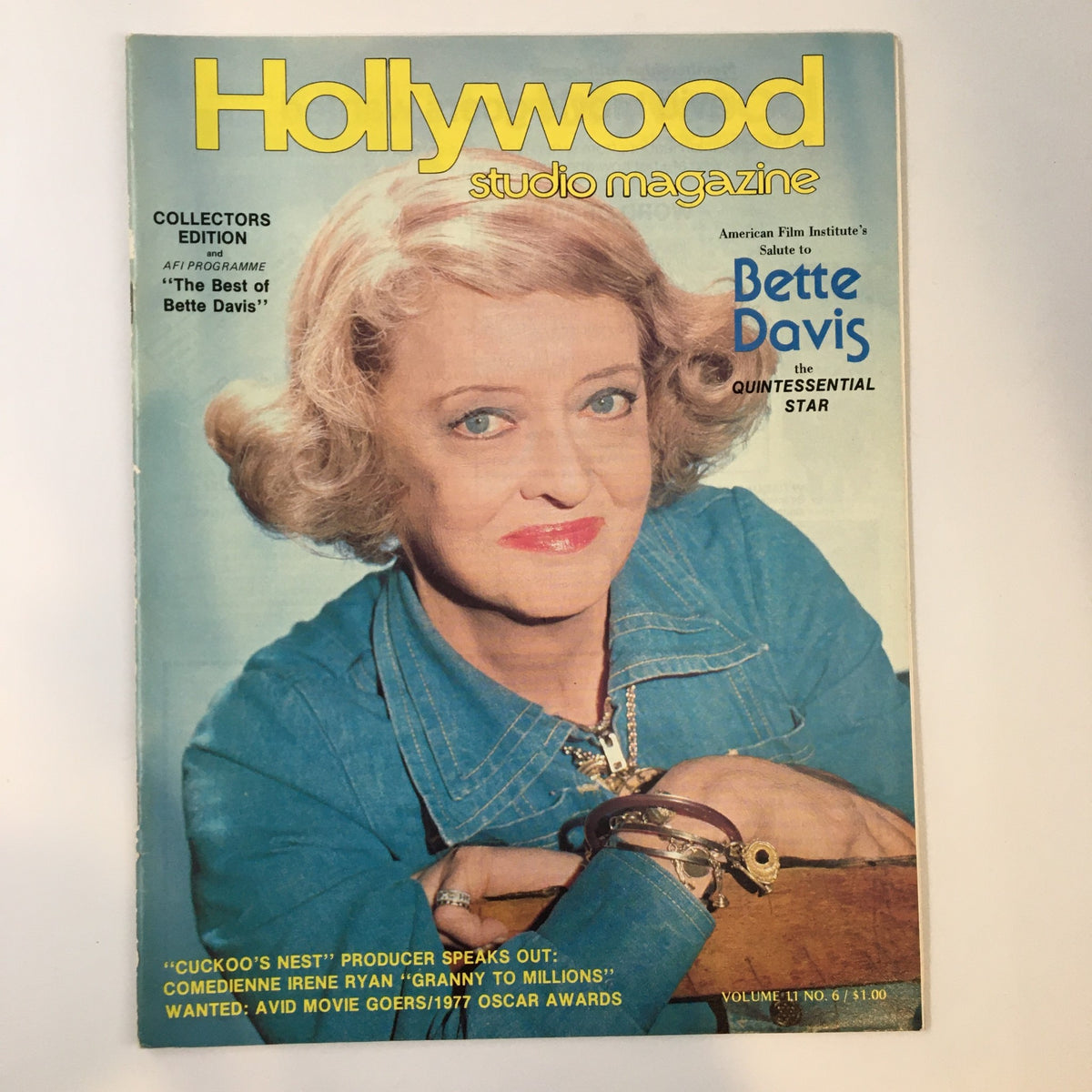 VTG Hollywood Studio Magazine May 1977 featuring a portrait of Bette Davis on the cover, celebrating her as the quintessential star.