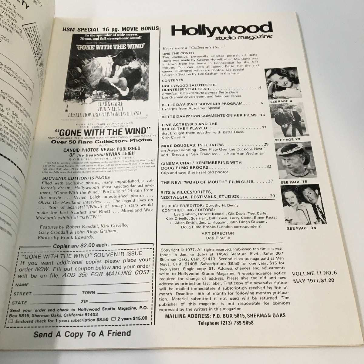 Inside view of the VTG Hollywood Studio Magazine from May 1977, showcasing articles and features, including a special section on 'Gone With The Wind'.