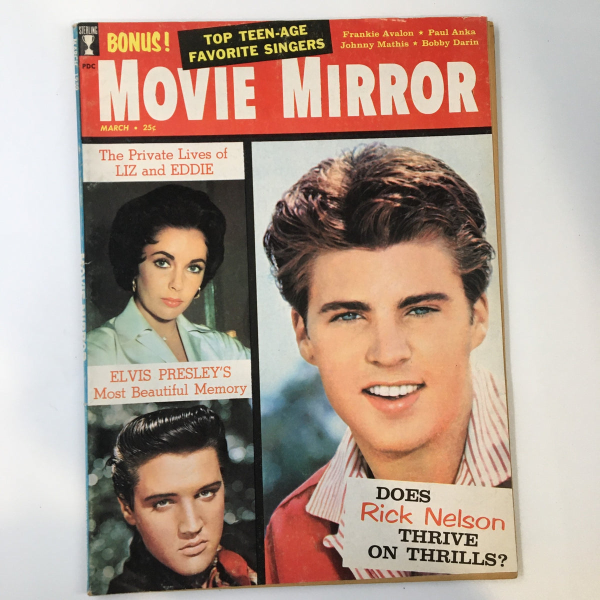 Cover of VTG Movie Mirror Magazine March 1959 featuring The Private Lives of Liz Taylor and Eddie Fisher along with images of Elvis Presley and Rick Nelson.