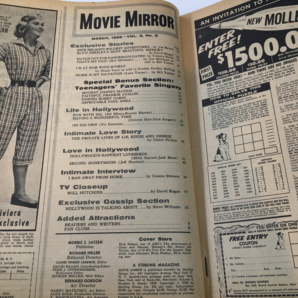 Inside page of VTG Movie Mirror Magazine March 1959 displaying exclusive stories and articles, including content about Liz Taylor and Eddie Fisher.