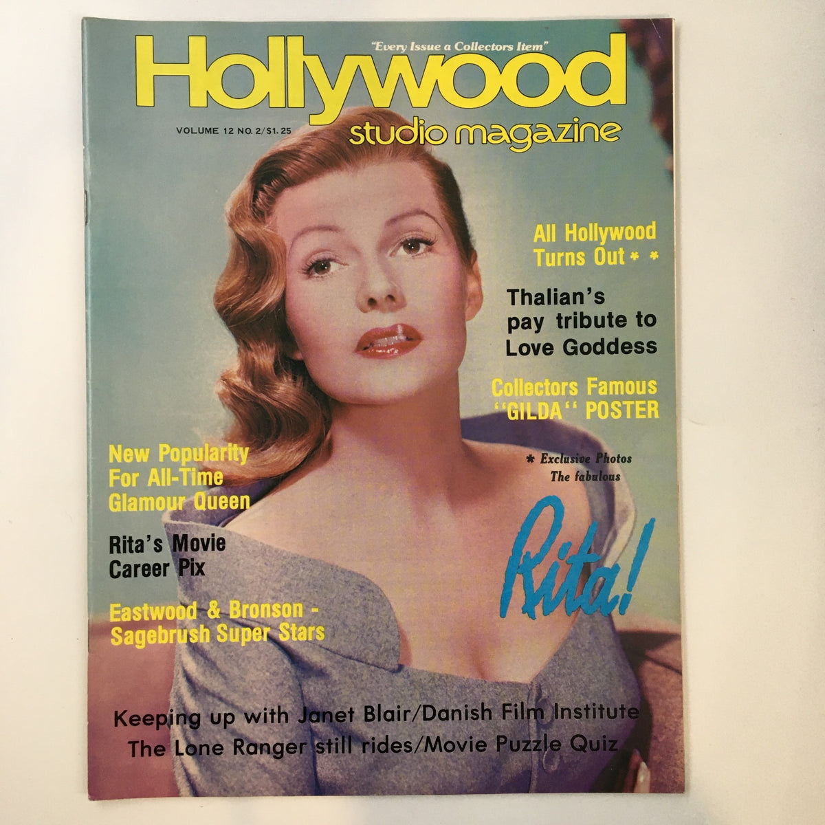 Cover of VTG Hollywood Studio Magazine February 1978 featuring Rita Hayworth as the Love Goddess with headlines and colorful design.