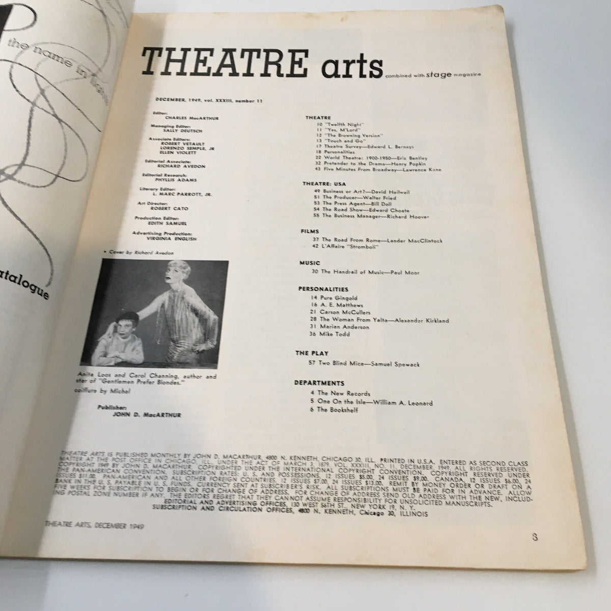 Interior page of VTG Theatre Arts Magazine December 1949 displaying table of contents along with credit for the cover featuring Anita Loos and Carol Channing.