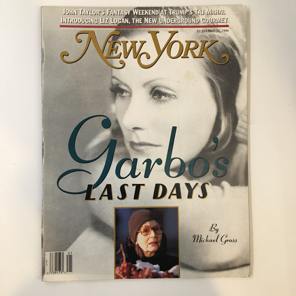 Cover of New York Magazine from May 21, 1990 featuring the article 'Garbo's Last Days' by Michael Gross, showcasing an iconic image of Greta Garbo with a close-up photograph of her later years.