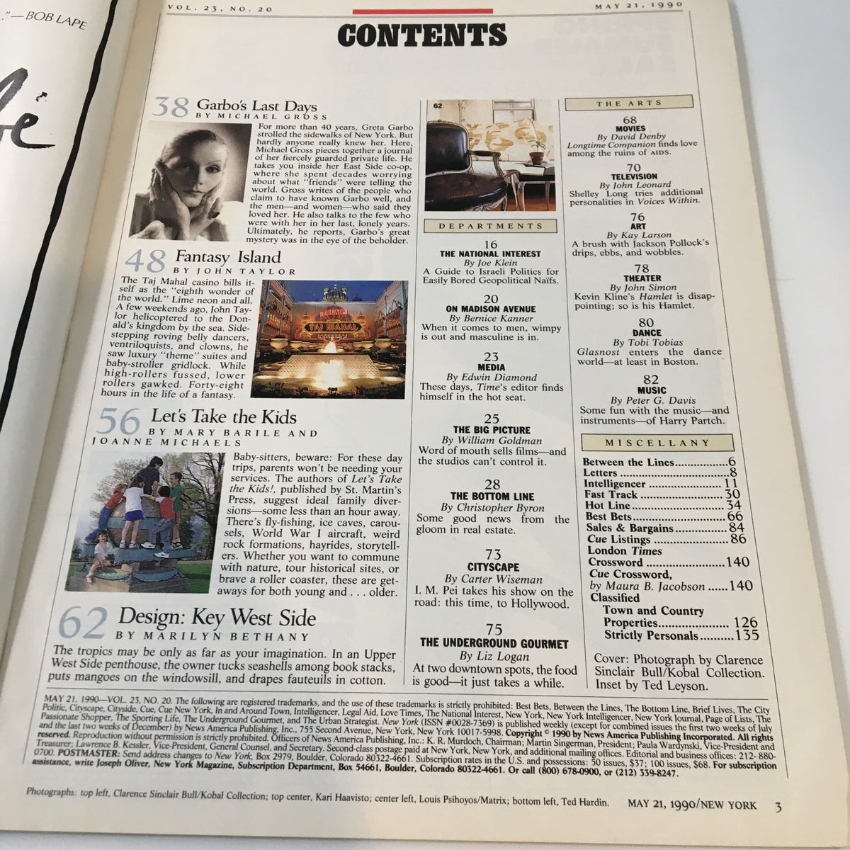 Contents page of New York Magazine May 21, 1990, highlighting 'Garbo's Last Days' article by Michael Gross along with other featured sections and topics from that issue.