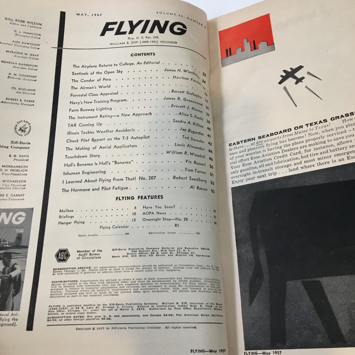 Inside page of VTG Flying Aviation Magazine May 1957 displaying the table of contents and featured articles, capturing the essence of aviation during the 1950s.