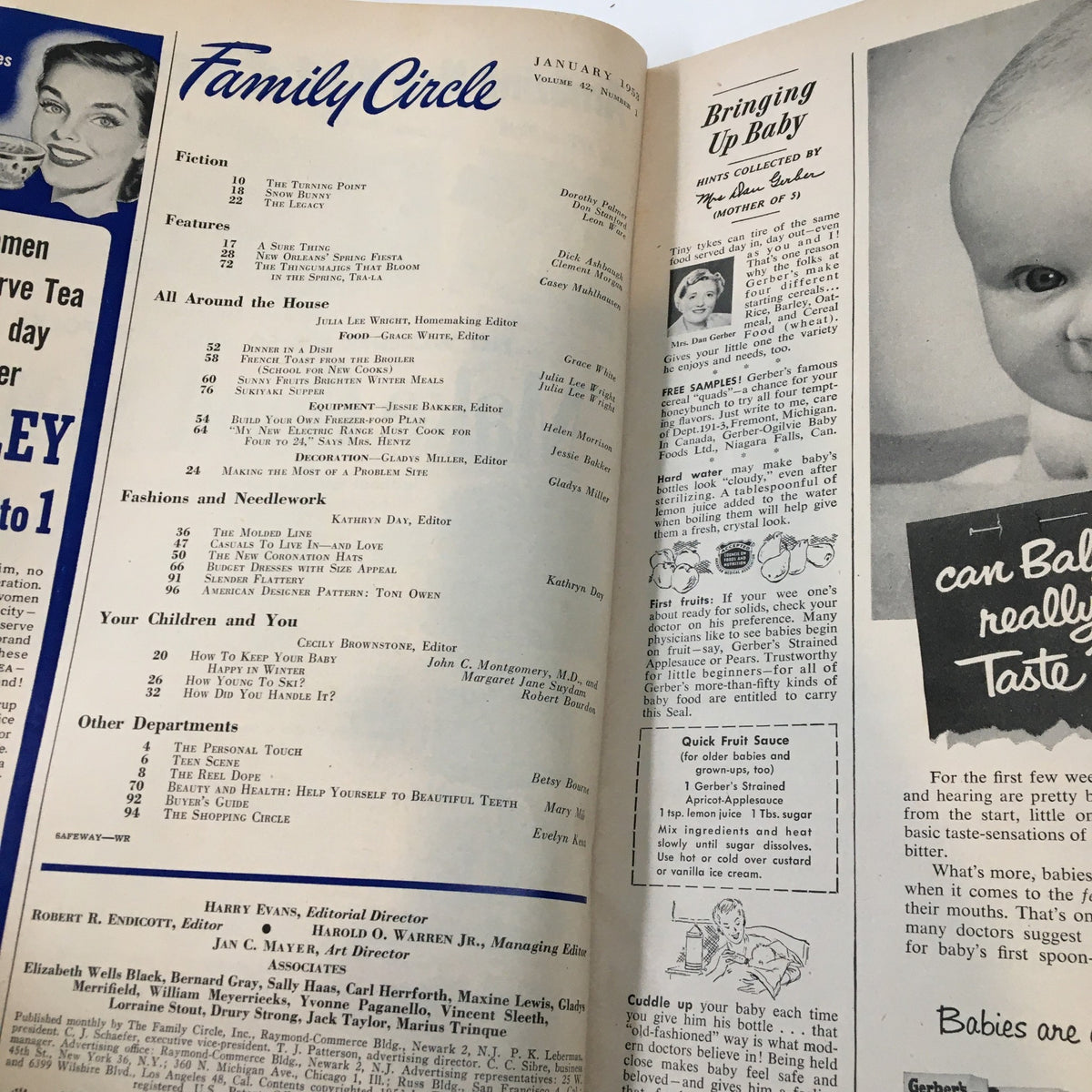 Interior page of VTG Family Circle Magazine January 1953 displaying contents and articles about family life, recipes, and parenting tips, reflecting 1950s domestic culture.