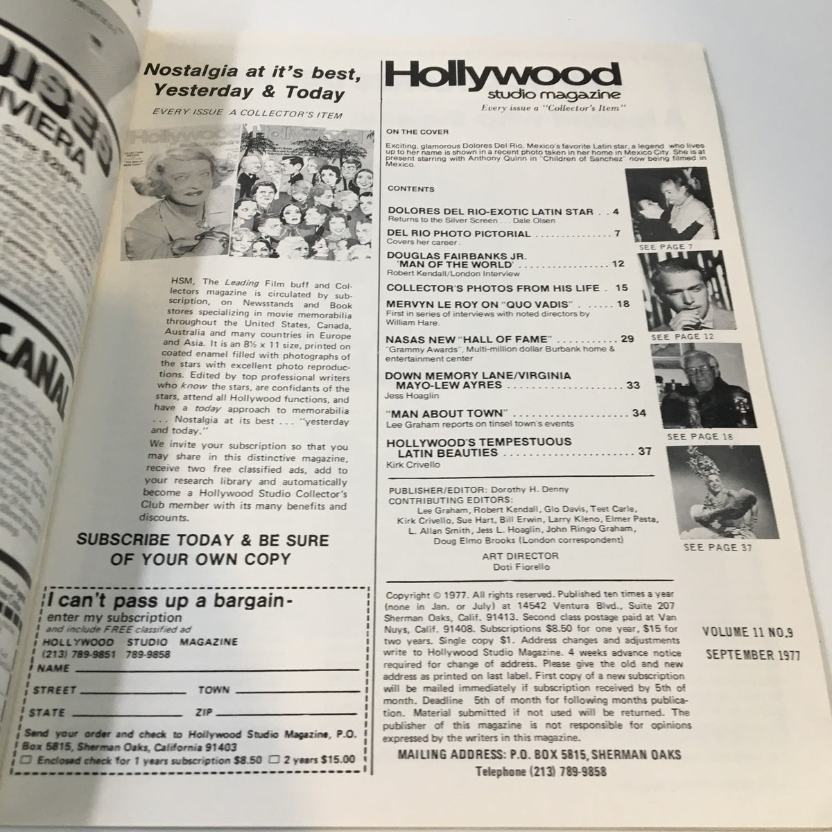Inside page of Hollywood Studio Magazine September 1977, including the contents section highlighting features on Dolores Del Rio and other notable figures.
