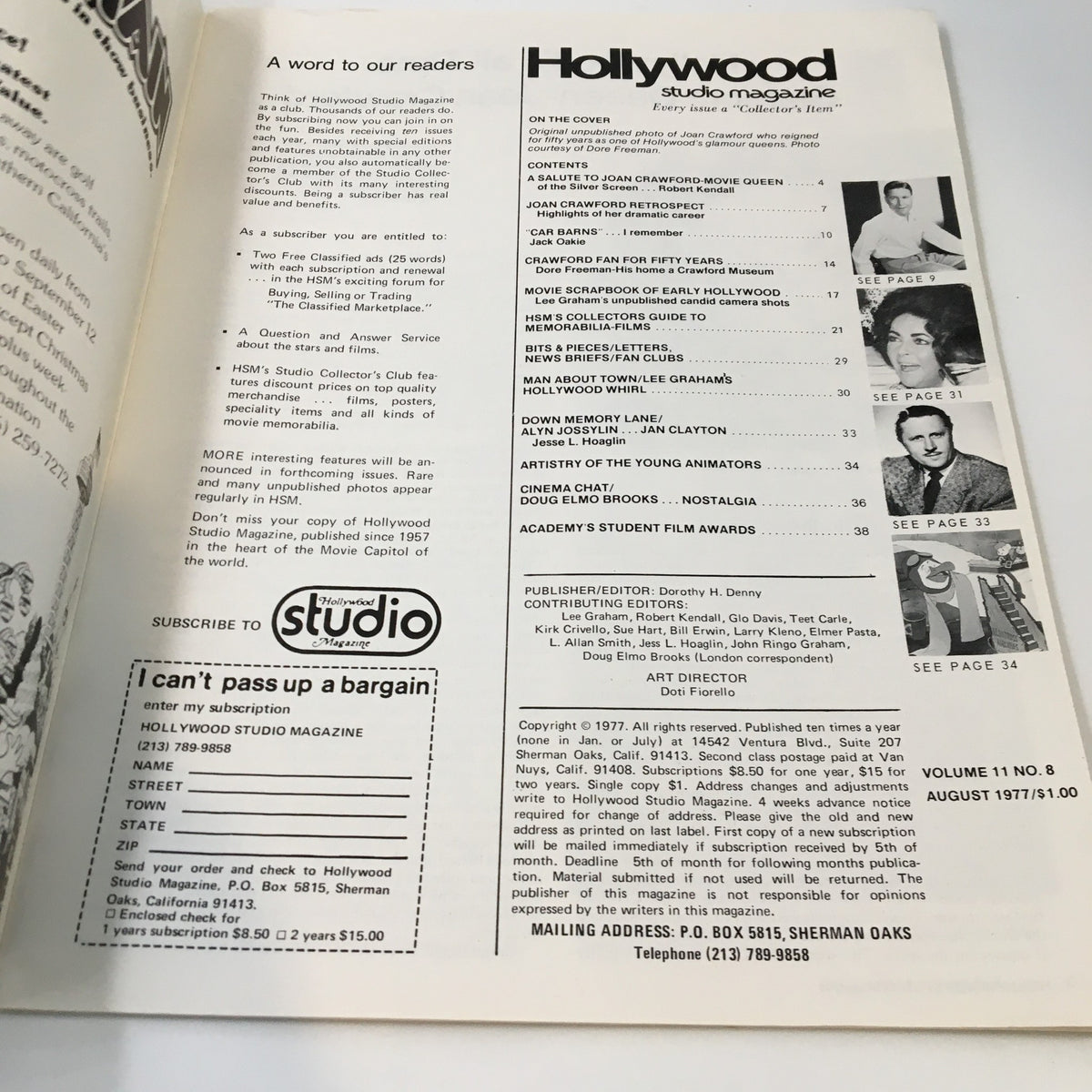 Inside page of the VTG Hollywood Studio Magazine August 1977 illustrating the magazine's contents, including articles and features related to Joan Crawford and early Hollywood cinema.
