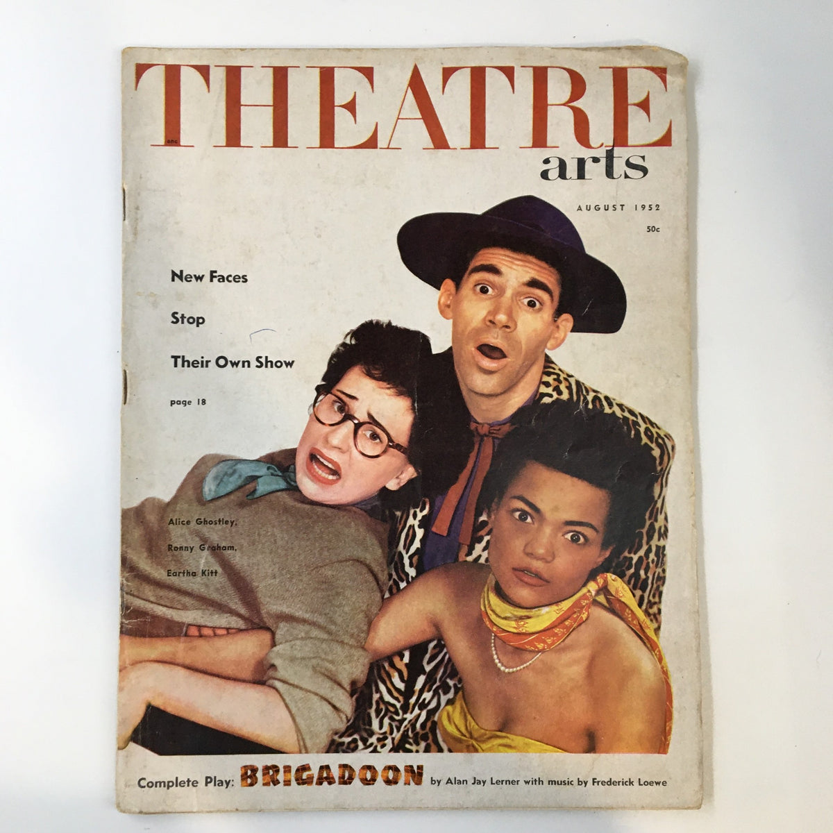 Vintage Theatre Arts Magazine cover from August 1952 featuring the title 'New Faces Stop Their Own Show' with three expressive performers.