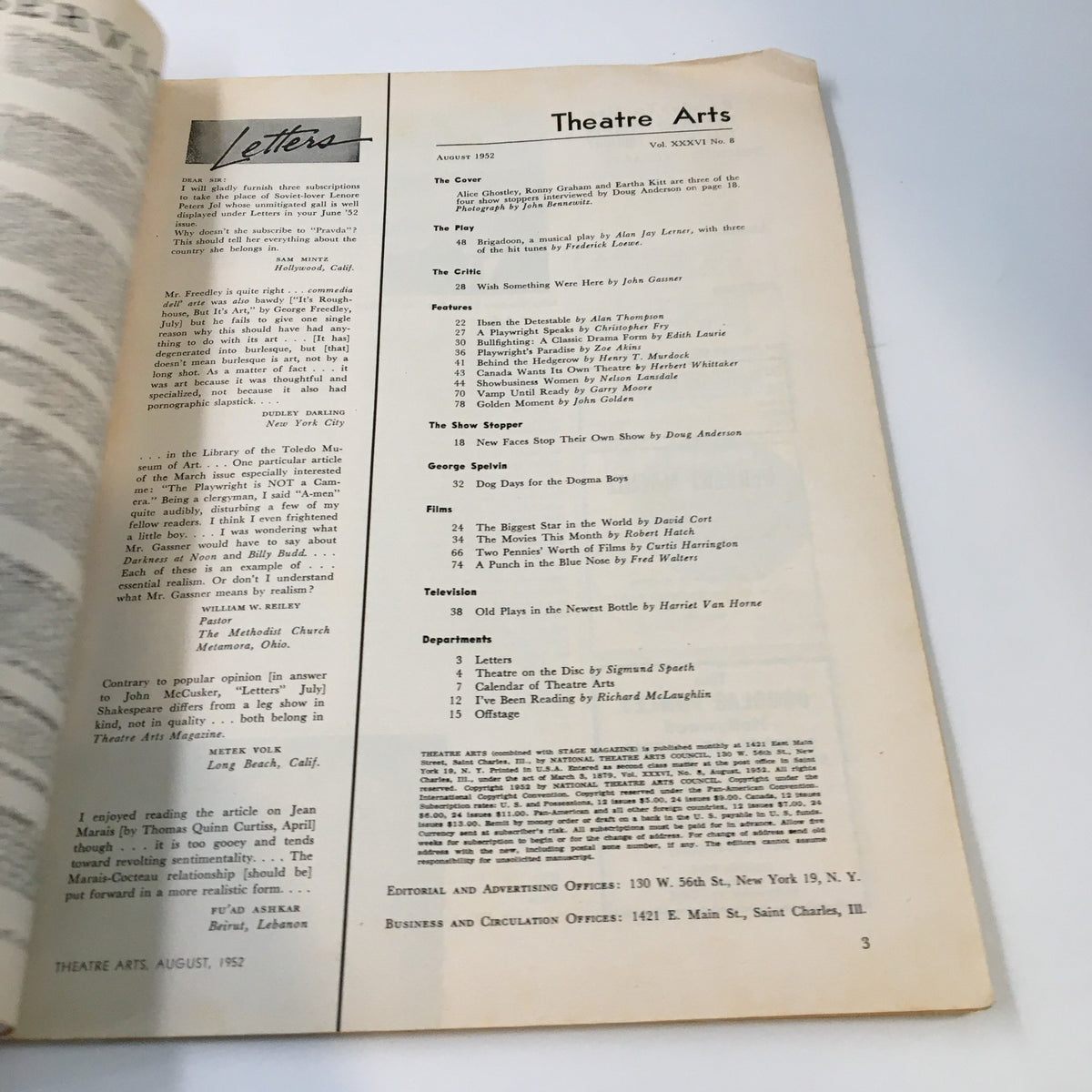 Interior page of the VTG Theatre Arts Magazine August 1952 featuring a table of contents and letters section, showcasing articles and features related to the captivating cover story 'New Faces Stop Their Own Show'. A vintage collectible for theatre enthusiasts.