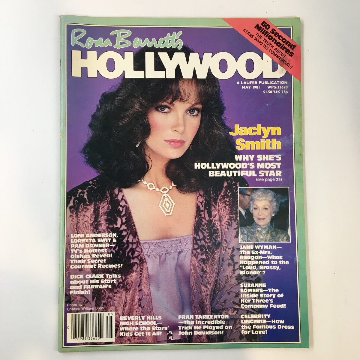 Cover of Rona Barrett's Hollywood Magazine from May 1981 featuring Jaclyn Smith, showcasing her as Hollywood's most beautiful star with an elegant purple outfit and a necklace.