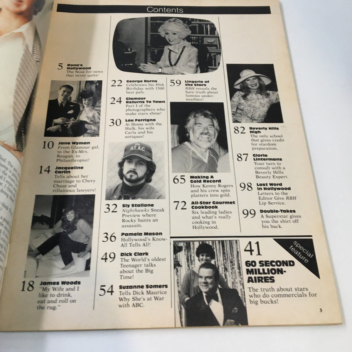 Contents page of Rona Barrett's Hollywood Magazine May 1981 detailing various features including Jane Wyman, George Burns, and several celebrity articles.
