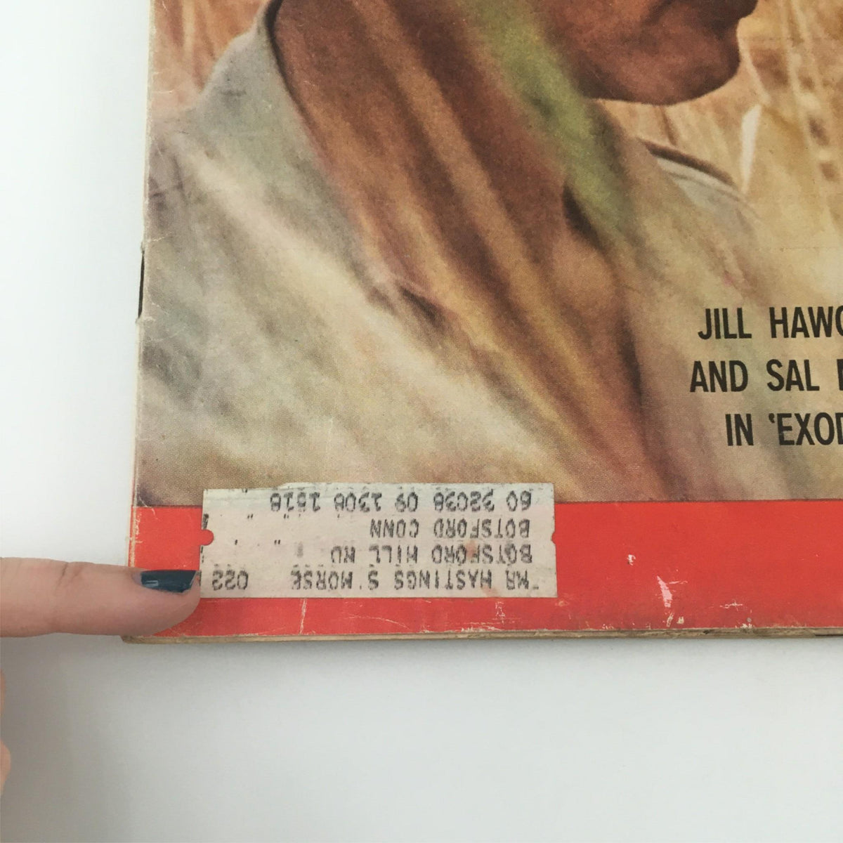 Close-up of the bottom corner of a vintage Life Magazine cover from December 12, 1960, showing the magazine details and address label, featuring Jill Haworth and Sal Mineo in Exodus.