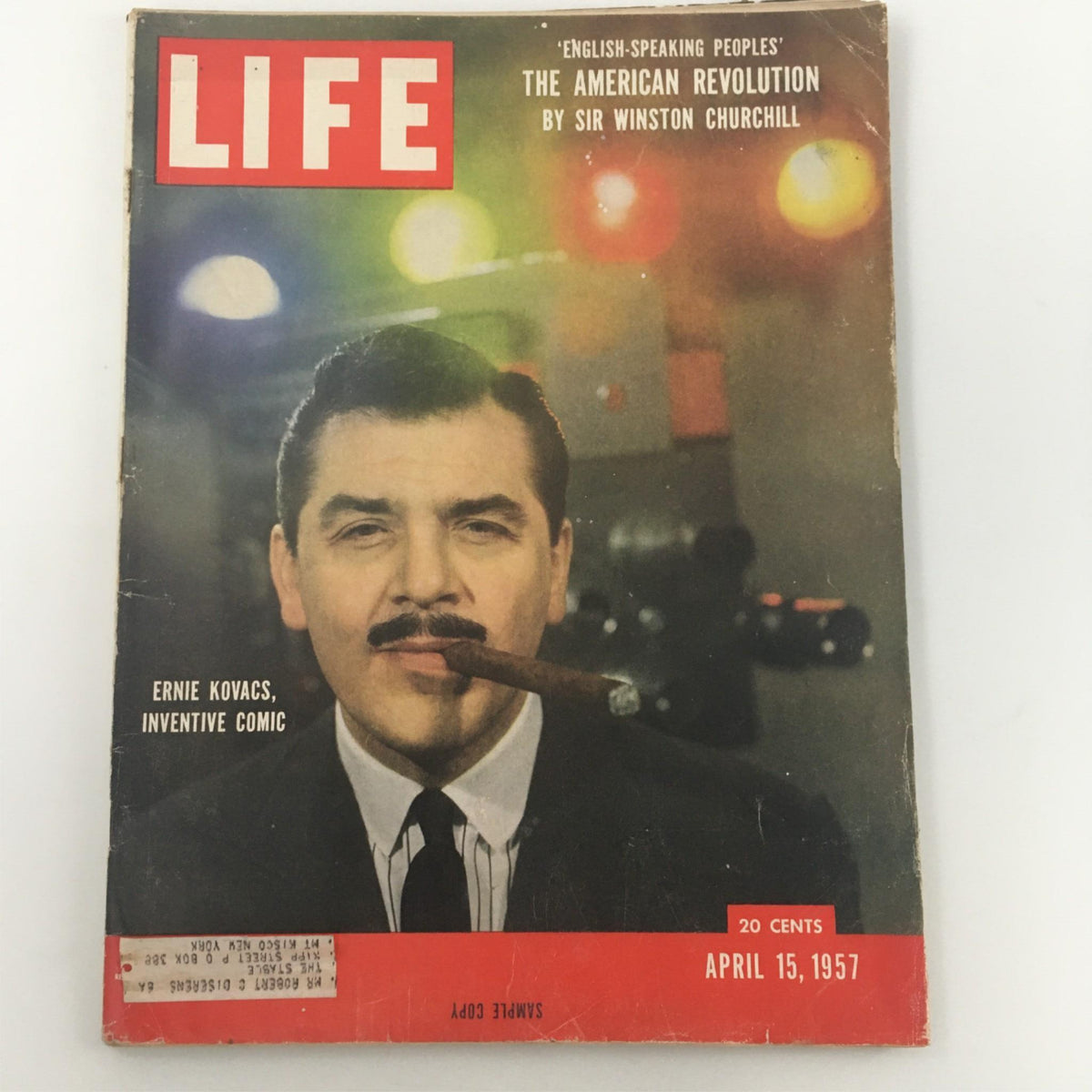 VTG Life Magazine from April 15, 1957 featuring Ernie Kovacs, Inventive Comic, with a cover showing Kovacs in a suit holding a cigar, colorful background, and vintage typography.
