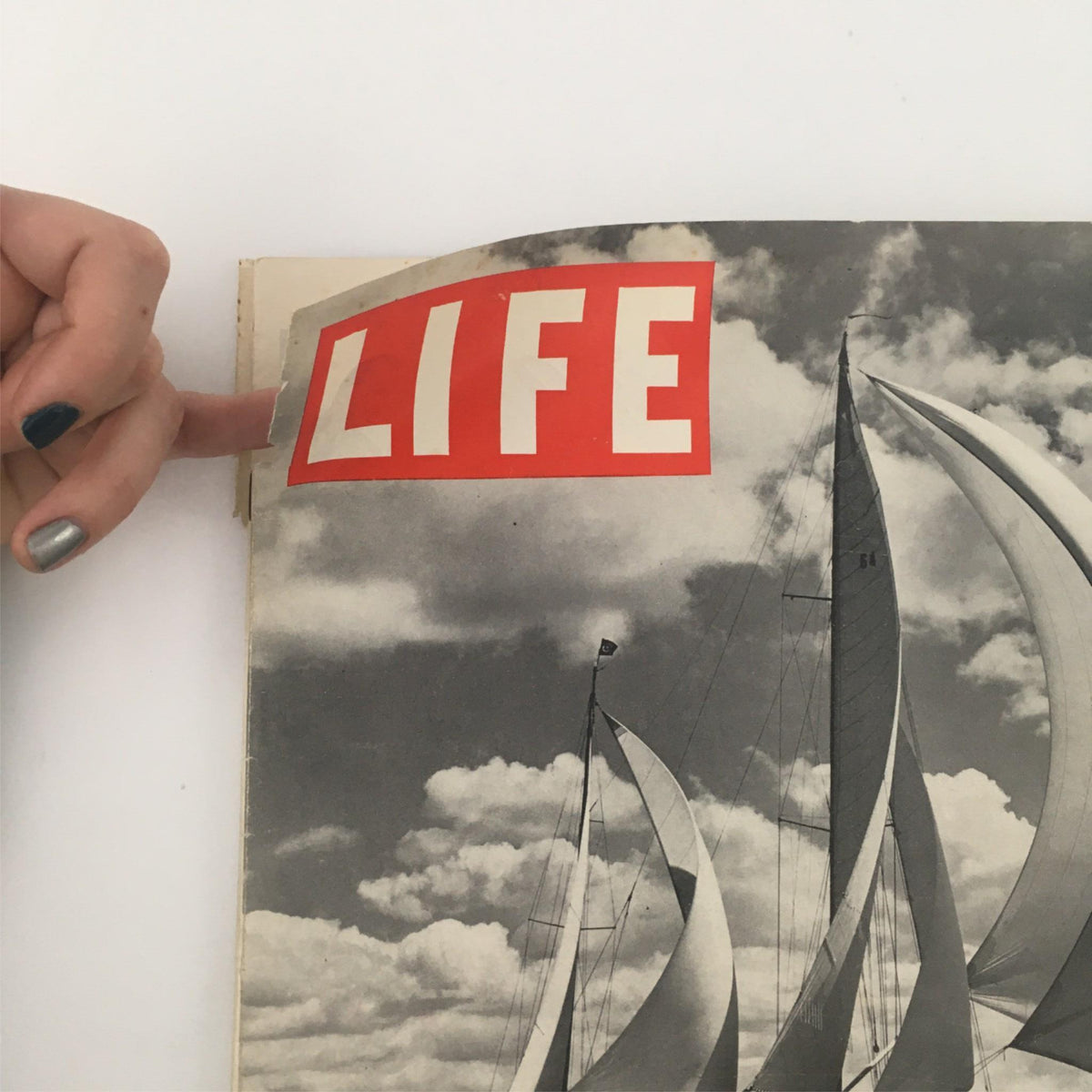 Close-up view of the Life Magazine title on the July 1, 1946 cover, featuring the Yacht Mandoo II, emphasizing the unique sailing season theme.
