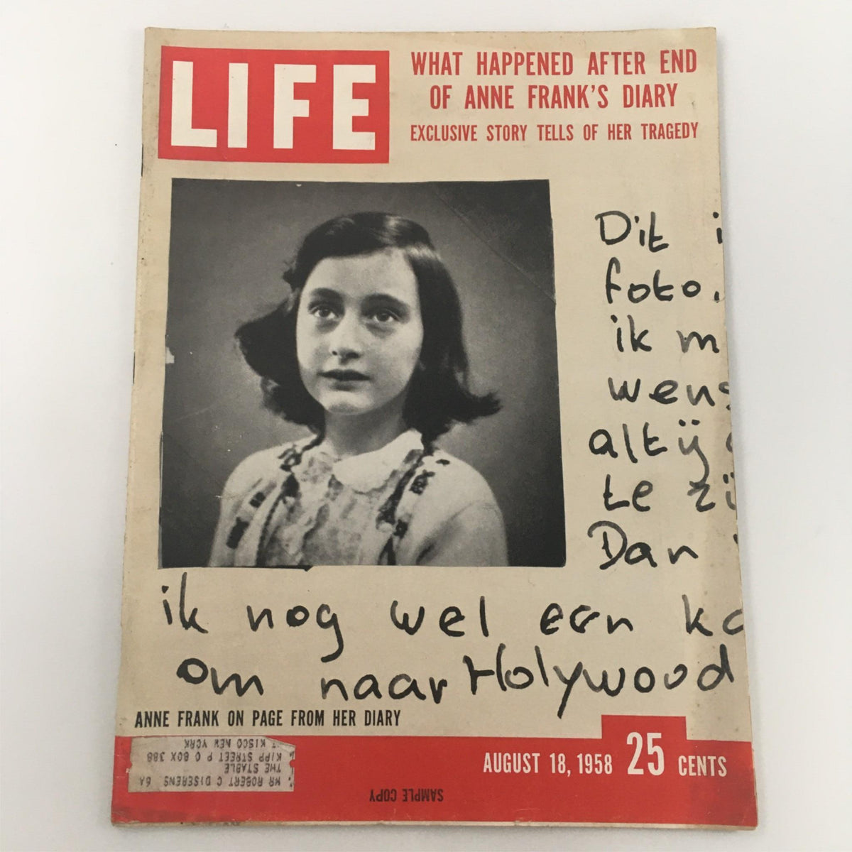 Cover of VTG Life Magazine August 18, 1958 featuring Anne Frank, with a tagline about her diary's fate and the exclusive story of her tragedy.